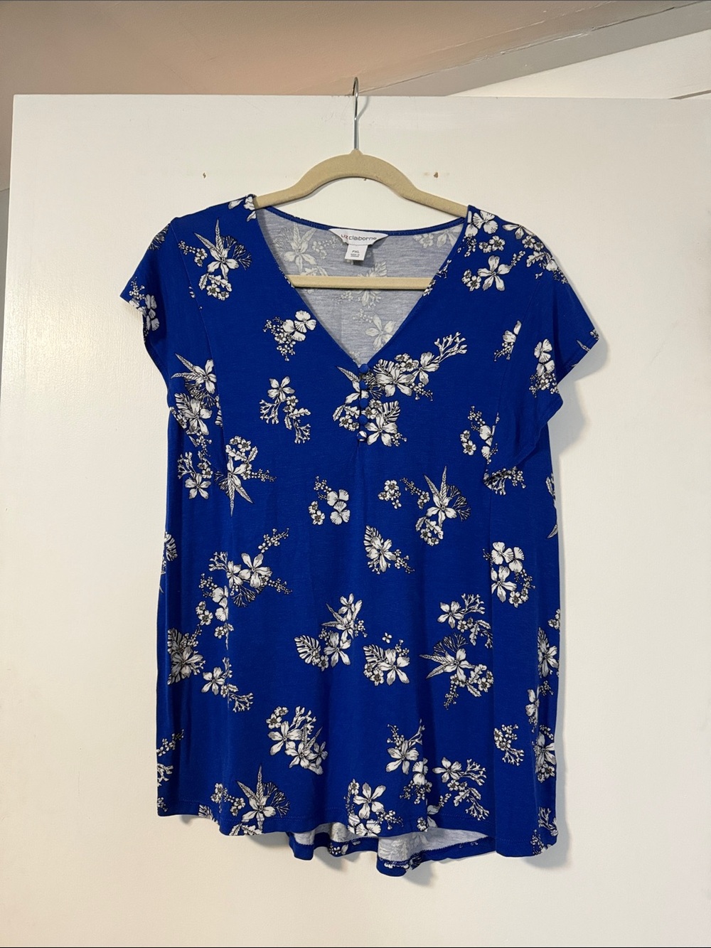 Liz Claiborne Royal Blue Floral V-Neck Short Sleeve Tunic